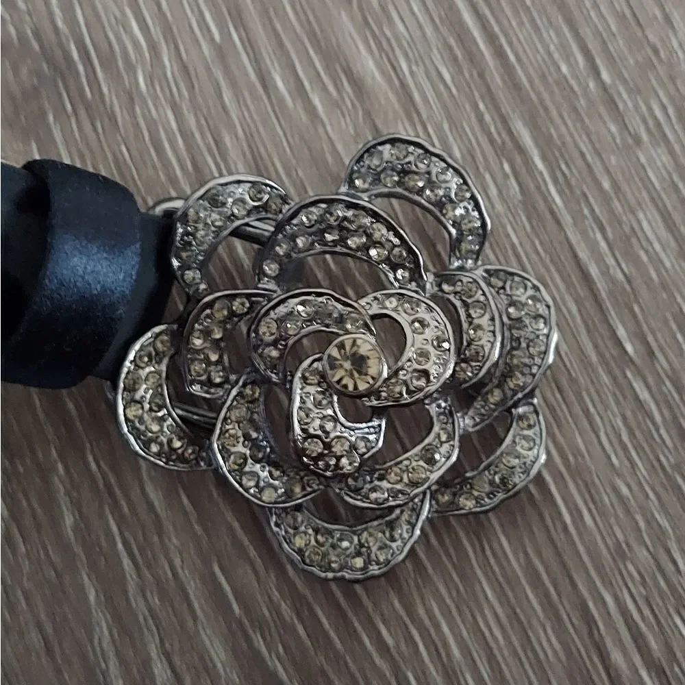 Talbots Black Satin Belt with Marcasite Flower Buckle Detail Sz Large